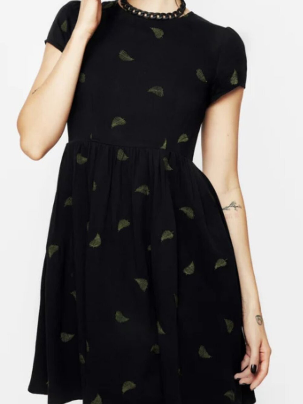 Disturbia Black Dress with Olive Green Leaf Motif